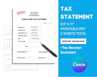 TAX STATEMENT for Childcare, Daycare, Tuition, Preschools and In Home Daycares, Daycare forms for Daycare Business