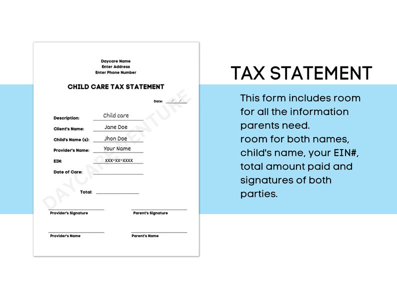 TAX STATEMENT for Childcare, Daycare, Tuition, Preschools and in Home