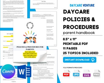 Op de afbeelding: Printbare handleiding voor ouders met beleid en procedures voor kinderopvang. De 11 pagina's tellende PDF bevat 25 onderwerpen en is direct te downloaden in de formaten PDF, JPG, SVG en PNG. De handleiding bevat een kleurrijke illustratie van drie kinderen.