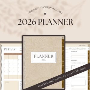 Può includere: Un'agenda 2026 rilegata a spirale con copertina beige con un motivo a foglie. L'agenda include pagine annuali, mensili, settimanali e giornaliere. La copertina presenta la parola "PLANNER" e l'anno "2026" in un rettangolo bianco. La parte superiore dell'immagine recita "MINIMALIST • MODERN • ELEGANT".