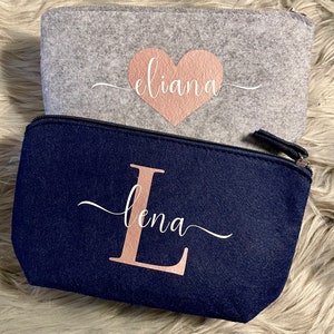 Personalized cosmetic bag in gray or navy blue made of felt