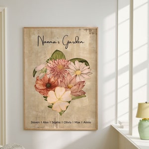 Christmas Gift for Grandma Birth Flower Family Bouquet Grandma&#39;s Garden Print with Grandkids&#39; Names Custom Birth Flower Family Portrait