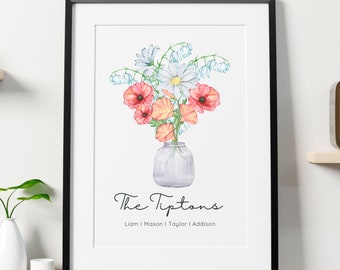 Birth Flower Family Bouquet Personalized Gift, Grandma's Garden Print, Custom Gift for Grandma Birth Month Flower Art Christmas Gift for Mom