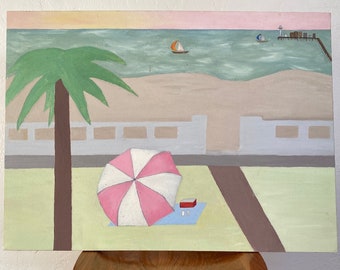 Vintage Painting, Beach Scene Landscape, Acrylic On Canvas