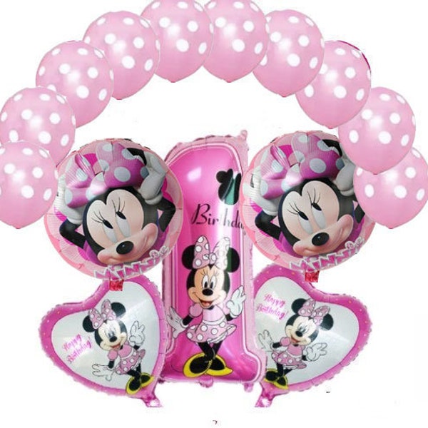 Minnie Mouse 1st Birthday Pink Foil Balloon Set Party Decorations 15 piece set Age 1 Pink Girls