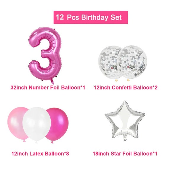 Paquete de globos rosas para 3 años, decoración para fiesta de cumpleaños, confeti  para niñas y niños, 3er cumpleaños, 12 piezas de aniversario -  España