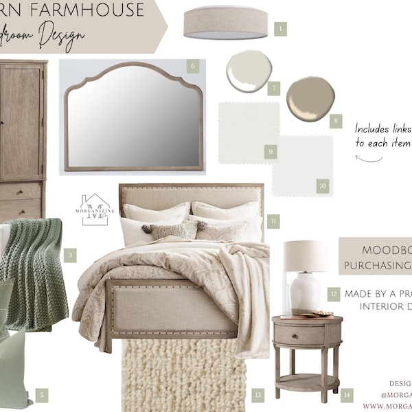 Modern Farmhouse Bedroom Design, Mood Board Template, Mood Board Design, Mood Board Interior Design, Mood Board Kit, Interior Mockup