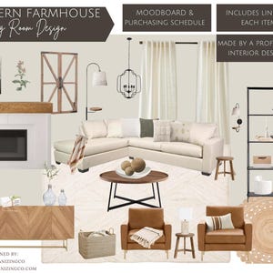 Diseño moderno de sala de estar de granja, plantilla de tablero de humor, diseño de tablero de humor, diseño de interiores de tablero de humor, kit de tablero de humor, maqueta interior