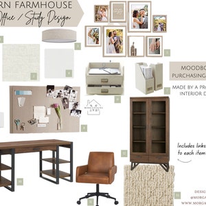Diseño moderno de oficina en casa de granja, plantilla de tablero de humor, diseño de tablero de humor, diseño de interiores de tablero de humor, kit de tablero de humor, maqueta interior