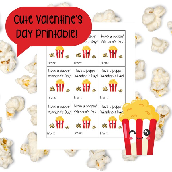 Popcorn Valentine, Valentine's Day cards, kids classroom valentine, printable.