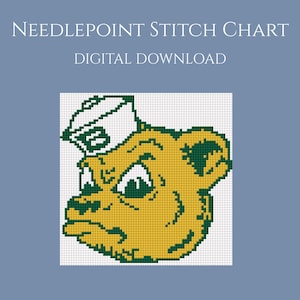 May include: Digital needlepoint stitch chart featuring a pixelated bear wearing a hat. The bear is primarily yellow and green, with white accents. The text "NEEDLEPOINT STITCH CHART DIGITAL DOWNLOAD" is at the top of the image.