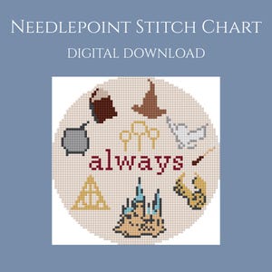 May include: A digital needlepoint stitch chart with a circular design featuring various symbols and the word "always". The symbols include a book, sorting hat, glasses, a bird, a wand, a castle, and a golden triangle. The text "NEEDLEPOINT STITCH CHART DIGITAL DOWNLOAD" is at the top.