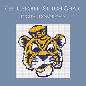 May include: Digital needlepoint stitch chart featuring a tiger head design in yellow, white, and navy blue. The text "NEEDLEPOINT STITCH CHART DIGITAL DOWNLOAD" is at the top of the image.
