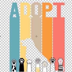 Pu&ograve; includere: Un design grafico con le parole "DON'T SHOP, ADOPT, SAVE A LIFE" in bianco. La parola "ADOPT" &egrave; in grandi strisce verticali colorate. Sotto, ci sono zampe di gatto dei cartoni animati in vari colori e motivi.
