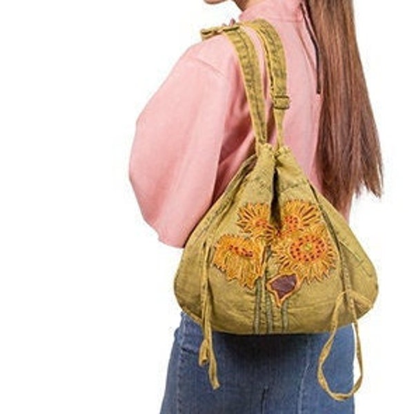 Van Gogh Sun Flower hobo hippie chic drawstring bag earth divas nepal  eco conscious 100% cotton handbag handmade cooperative fair trade