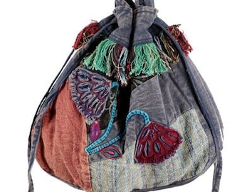 Embroidered Flower Field Hobo Bag: Boho Drawstring Purse, Handmade in Nepal Earth Divas Fair Trade Womyn Cooperative Nepal