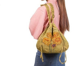 Van Gogh Sun Flower hobo hippie chic drawstring bag earth divas nepal  eco conscious 100% cotton handbag handmade cooperative fair trade