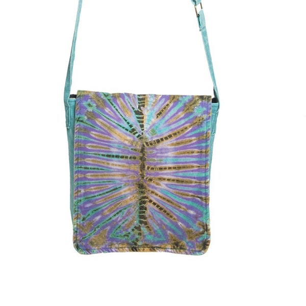 Vibrant Tie Dyed Dragonfly Messenger Bag * Tie Dye Bag * Earth Divas * Fair Trade * Nepal Premim Cotton * Hippie Hobo Turquoise Blue * ART