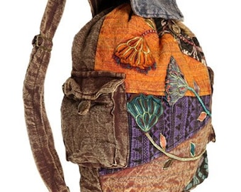 Sunburst Embroidered Backpack * Flowers Fairy Fun Colorful Backpack * stonewashed pure cotton * EARTH DIVAS * 100% Fair Trade * ART * Unique