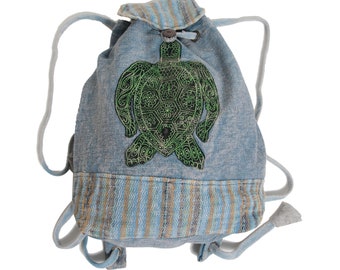 Handmade Sea Turtle Drawstring Backpack: Embroidered Cotton, Fair Trade