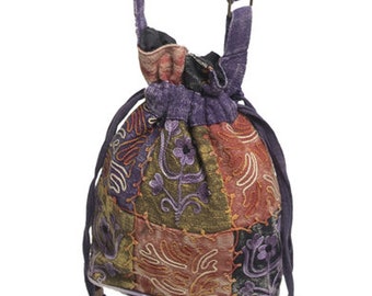 Violet Visionary Embroidered Drawstring Hobo Bag * Patchwork Handbag * Earth Divas * Hippie Hobo Fairy Pixie Purse * Fair Trade *