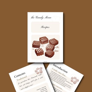 May include: A printable booklet with the title "The Candy Menu" and a list of traditional candy recipes, including chocolate fudge, maple cream, and divinity fudge. The cover features an illustration of assorted chocolate candies.