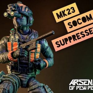 May include: A black and green action figure of a soldier wearing a black helmet with a green visor and a black and orange tactical vest. The figure is holding a black gun with a silencer. The text "MK23 SOCOM SUPPRESSED" is in the background. The text "ARSENAL OF PEW PEWS" is in the bottom right corner.