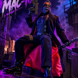 May include: A collectible action figure of a character with a short haircut and sunglasses, wearing a black trench coat with a red lining, a black vest, and dark pants. The figure holds a black submachine gun and a sword, with text reading MAC-10.