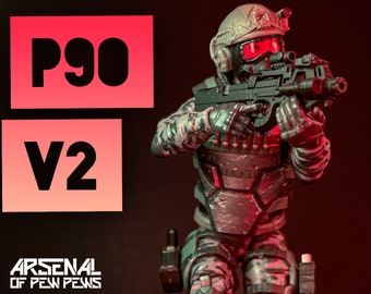 May include: An action figure of a soldier in camouflage, holding a black P90 V2 weapon. The figure wears a helmet with a red visor and a tactical vest. The image includes the text "P90 V2" and "ARSENAL OF PEW PEWS".