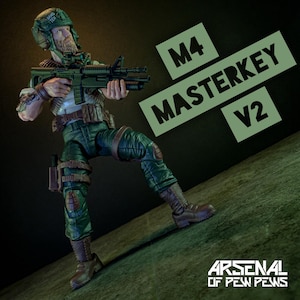 May include: A detailed action figure of a soldier in green combat gear, holding a rifle. The figure has a beard and a helmet with the text "HANG TEN". The text "M4 MASTERKEY V2" is in a green rectangle. The text "ARSENAL OF PEW PEWS" is at the bottom.