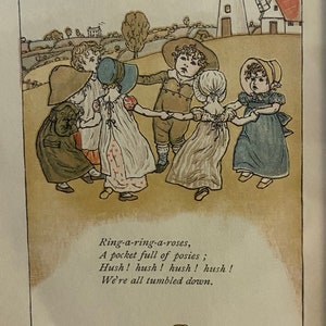 Original 1881 Kate Greenaway “Ring-a-Ring o’ Roses” Nursery Rhyme Print – Framed Illustration – Antique Mother Goose Page – London Print