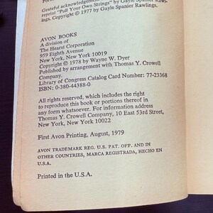 May include: A page from a vintage book with text. The text includes the title "Pull Your Own Strings", copyright information, and the publisher's details: Avon Books, New York. The book was printed in the U.S.A. in August 1979.