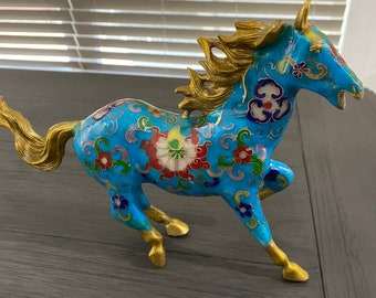 Vintage metal horse statue figurine- blue- heavy-  running Horse sculpture - Collectible horse  figurine