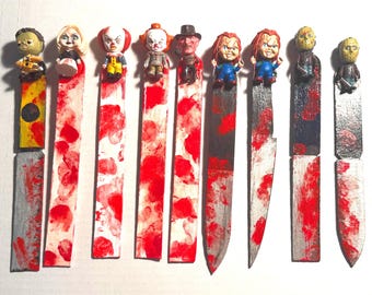 Horror Movie Character Bookmark – Handmade Creepy Horror Fan Gift, Bloody Knife Bookmark, Scary Halloween Book Accessories”