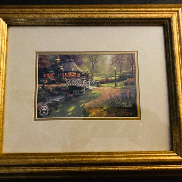 Thomas Kinkade-  Cottage with bridge Signed Art Print -Framed Matted 1999,  VINTAGE UNIQUE Rare- framed wall art