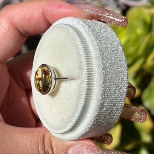 Op de afbeelding: Een zilveren ring met een ronde amber steen gezet in een bezel setting. De steen is diep oranje van kleur met vlekken van bruin en geel. De ring wordt getoond op een wit fluwelen ringdoosje.