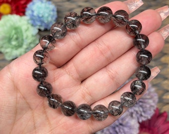 02 - High Quality Rutilated Black Tourmaline Bracelet 9mm - Tourmaline - Tourmalinated Quartz Bracelet -  Black Tourmaline Rutile Bracelet