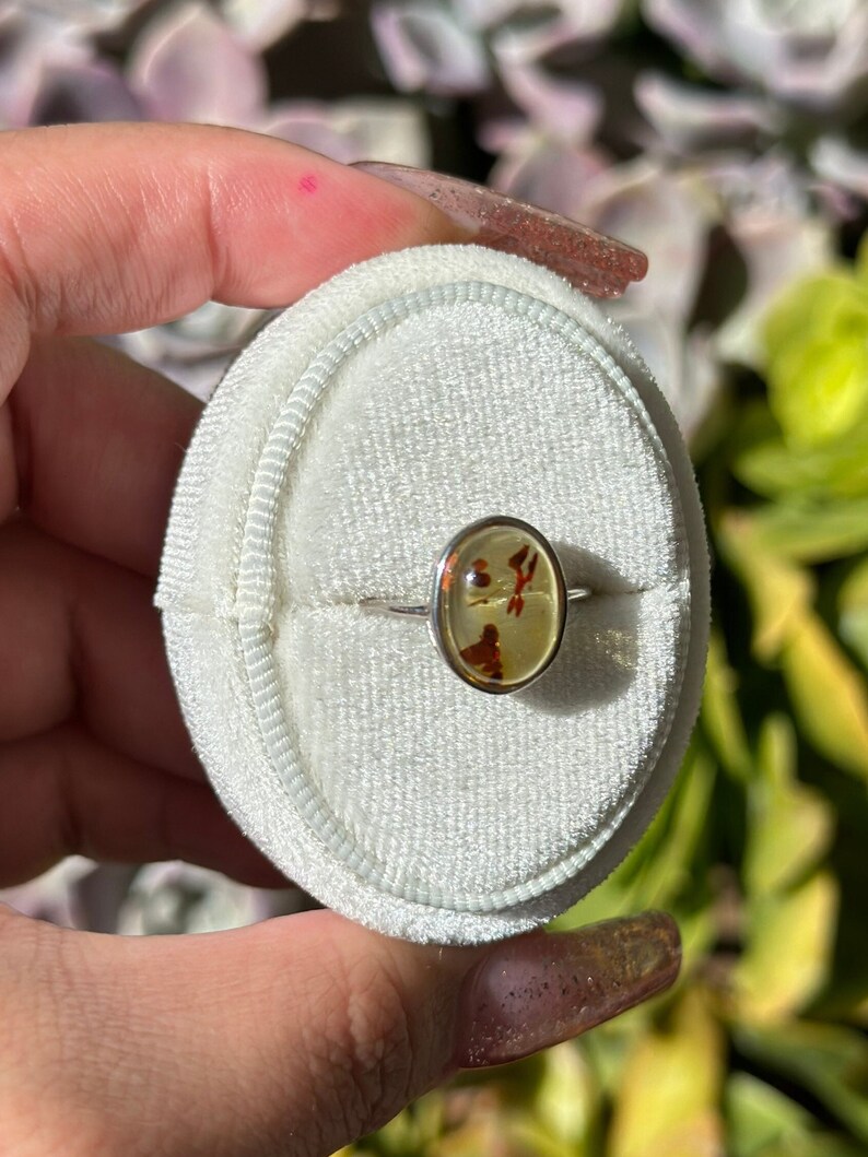 Op de afbeelding: Een zilveren ring met een lichtbruine ovale edelsteen in het midden. De edelsteen heeft rode en witte insluitsels. De ring wordt gepresenteerd in een wit fluwelen ringdoosje.