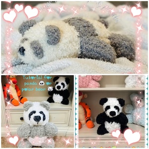 May include: A collection of handmade panda and polar bear plush toys. The plushies are primarily white, gray, and black, with fluffy textures. One panda is lying down, while others are sitting. The image includes the text "Tutorial for panda or polar bear."