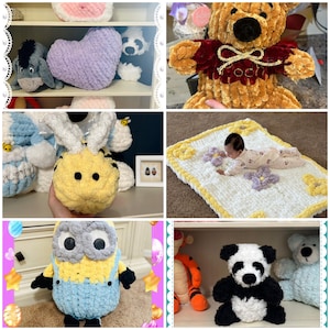 May include: A collection of crocheted plush toys, including a bee, a heart, a panda, a minion, a Winnie the Pooh bear, and a baby blanket with flowers. The toys are made with a soft, fluffy yarn and have a variety of colors and designs.