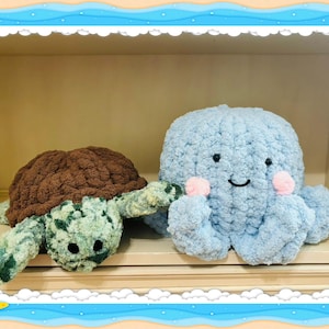May include: A brown and green crocheted turtle plush toy and a blue crocheted octopus plush toy. Both toys have smiling faces.
