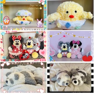 May include: A collection of handmade finger knit plush toys. Includes a yellow chick with a white and blue diaper, Mickey and Minnie Mouse dolls, and panda bears. The toys are displayed in a decorative setting with Easter and Valentine's Day themes.