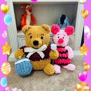 May include: A collection of Winnie the Pooh plush toys, including Winnie the Pooh, Piglet, and Eeyore. The toys are all made of soft, cuddly fabric and are perfect for cuddling.