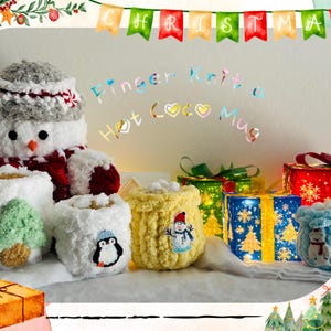 May include: A festive Christmas display featuring handmade finger knit mugs and a snowman. The mugs are white, yellow, and blue, adorned with festive appliqués. The scene includes wrapped gifts and a banner that reads "CHRISTMAS".