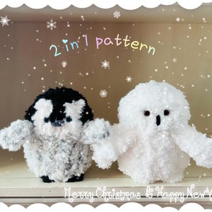 Op de afbeelding: Twee handgemaakte pluche dieren: een pinguïn in zwart, wit en grijs en een witte uil. De tekst "2 in 1 pattern" staat erboven. De zin "Merry Christmas & Happy New Year" staat eronder.