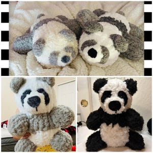May include: A collection of handmade panda bear plush toys. The pandas are primarily white with black and gray accents, including the eyes, ears, and patches. The plushies have a soft, fluffy texture.