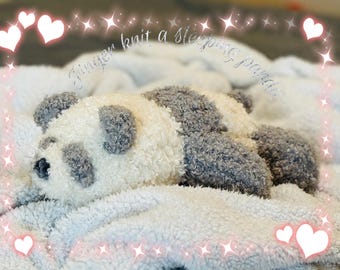 Hand Knit Sleeping Panda Weighted Plush | Finger Knit Stuffed Animal | Chunky Knit Panda Plushie | Tutorial w/ written pattern
