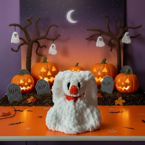 May include: A white plush ghost-shaped stuffed animal with a small orange nose and orange neck accent, positioned in front of a Halloween-themed display featuring crocheted trees with hanging ghosts, lit jack-o'-lanterns, and gray tombstones.