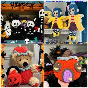 May include: A collection of handmade crochet plush items including two skeleton figures, two dolls with blue yarn hair and yellow jackets, a teddy bear holding a pumpkin bucket, and a round orange pumpkin house with a purple door and brown accents.