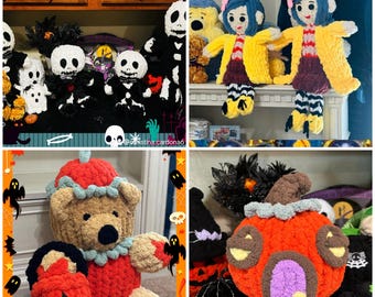 Halloween Bundle Chunky Knit Plushies Tutorials | Finger Knit Halloween Patterns | Coraline Doll | Jack Plush | Pumpkin Teddy Plush